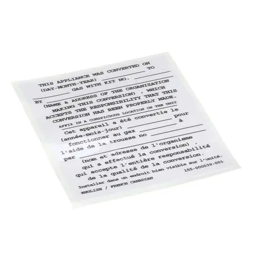 Pitco 155-000039-001 Conversion Sticker