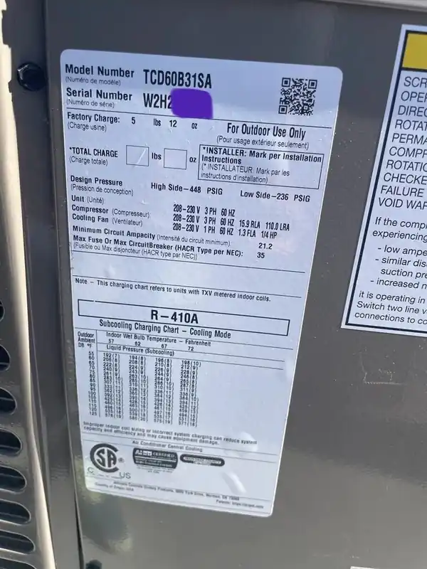 YORK TCD60B31S 5 Ton Split System Air Conditioner