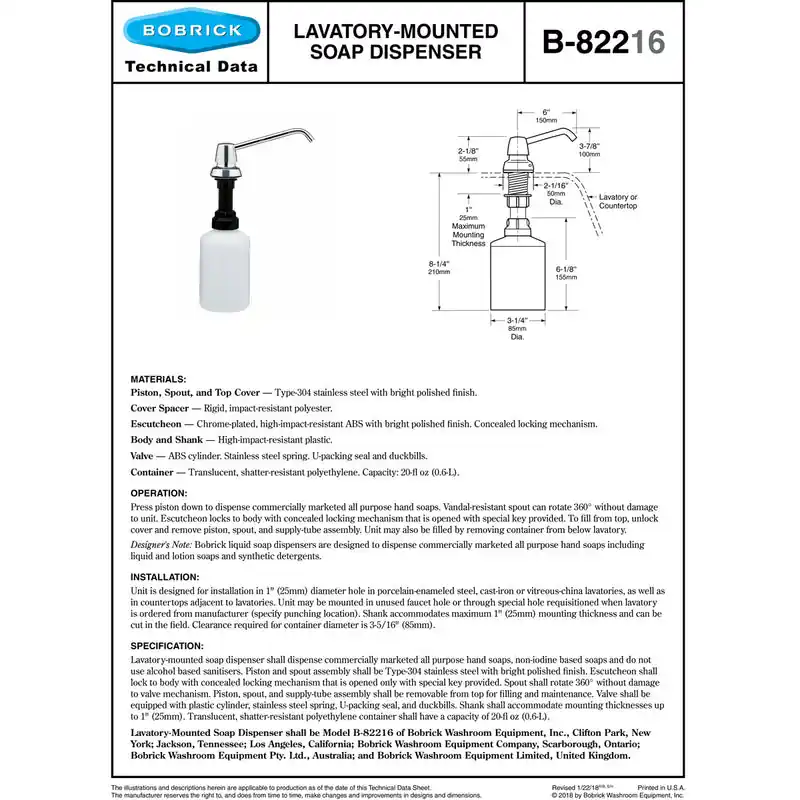 Bobrick B-82216 Deck Mounted Liquid Soap Dispenser 20 Fl Oz Replacement 82216 for Bobrick