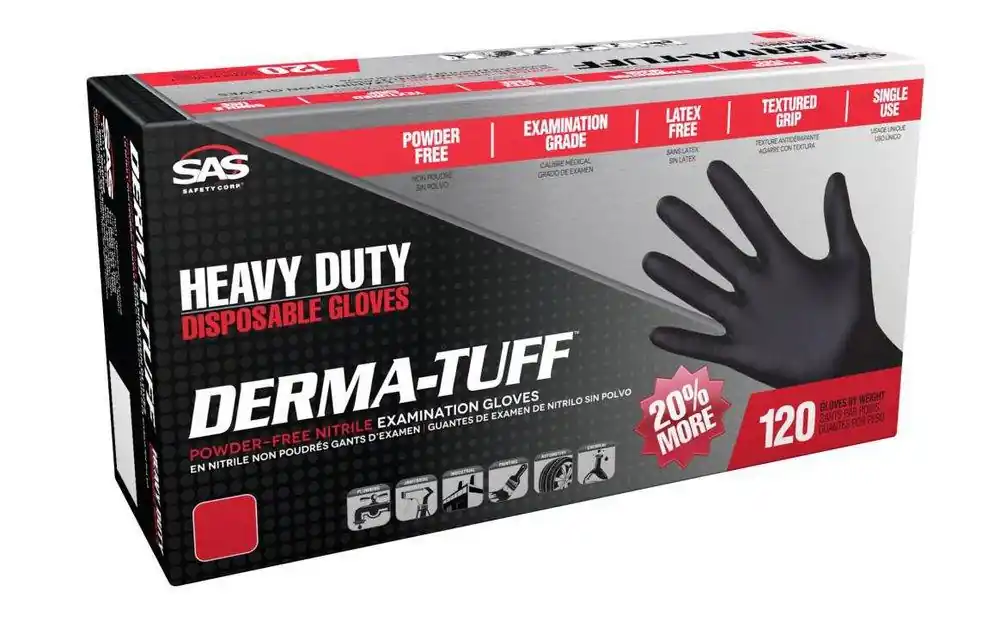 SAS Safety 66584 Derma-Tuff 6 mil Size XL Powder Free Rubber Disposable Glove in Black (Pack of 120)