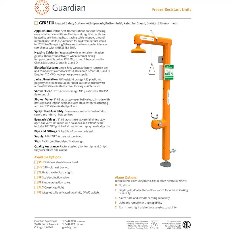 GUARDIAN EQUIPMENT GFR3100 Heated Safety Station with Eyewash, Top Inlet, Rated for Class I, Division 2 Environment
