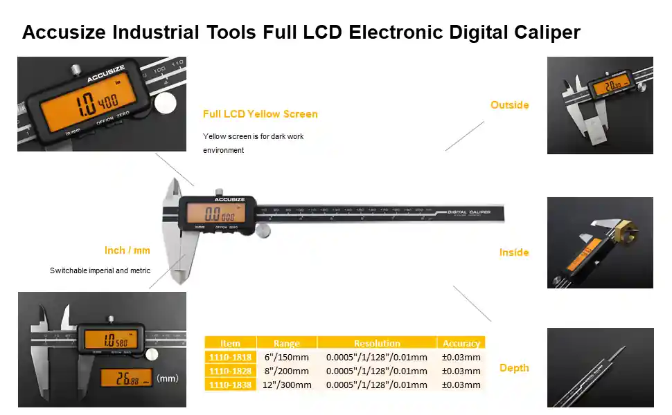 AMAZON COM ACCUSIZEINDUSTRIALTOOLS12inch Accusize Industrial Tools 12'' Full Screen Yellow LCD Electronic Digital Caliper