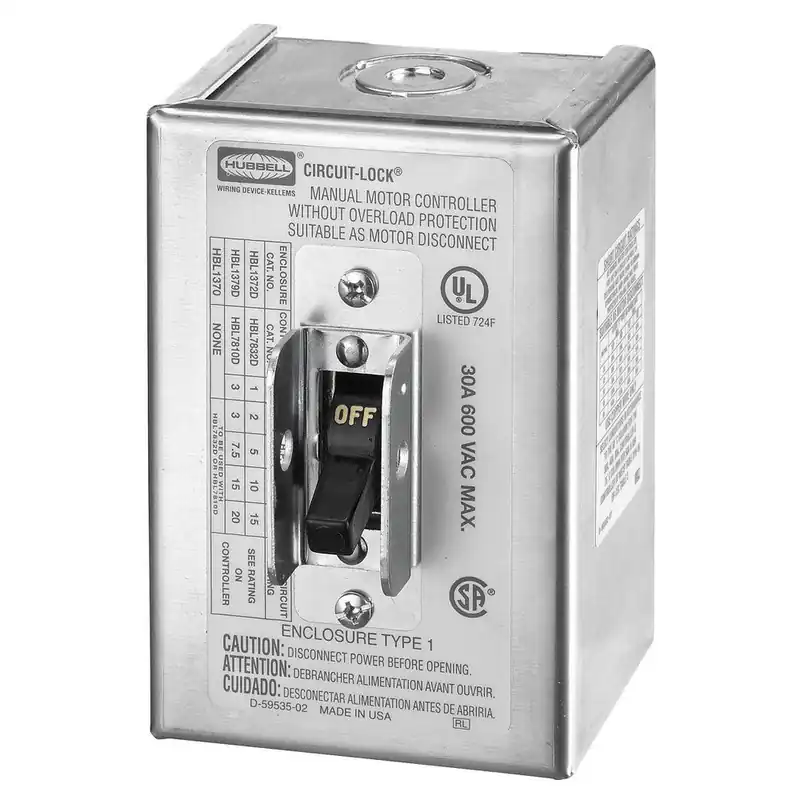 Hubbell Wiring HBL1372 Circuit-Lock NEMA 1 Enclosure Toggle Switch Disconnect 30A 600V AC