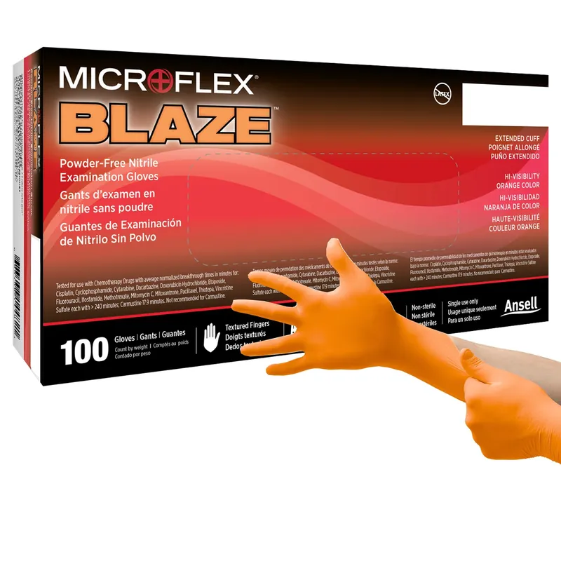 Microflex N481 Blaze Powder-Free Orange Nitrile Disposable Exam Gloves Small