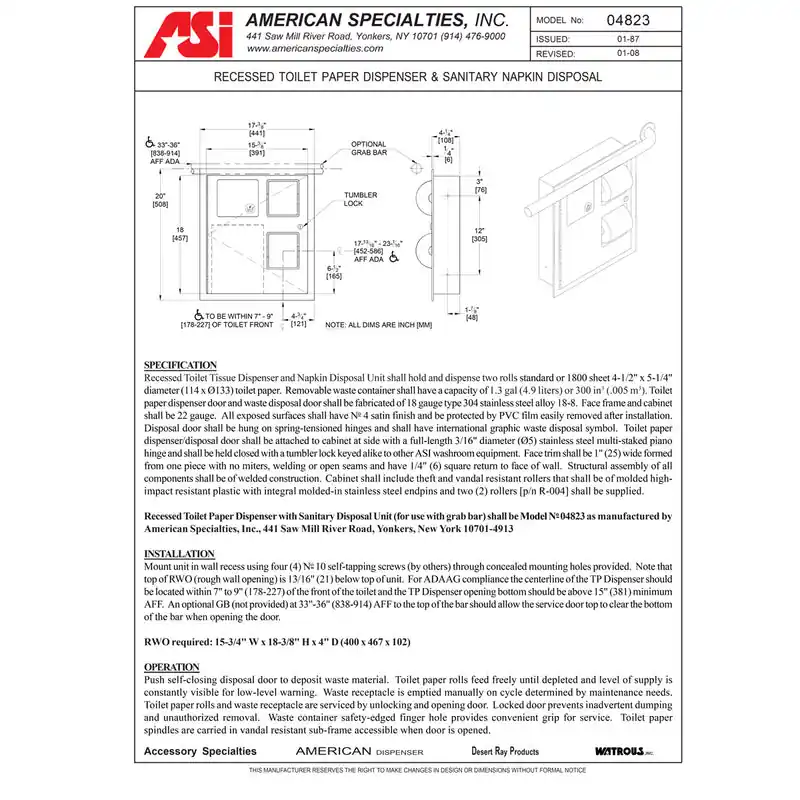 American Specialties Inc 4823 Traditional Toilet Tissue Dispenser & Napkin Disposal – Recessed