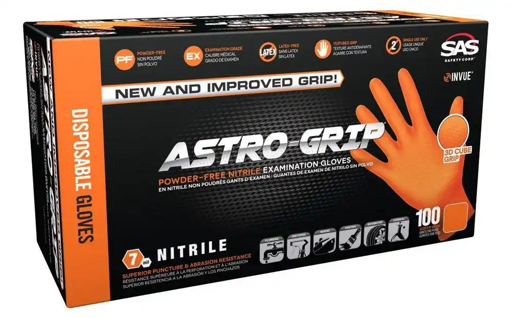 SAS Safety 66472 Astro-Grip 7 mil Size M Powder Free Rubber Disposable Glove in Hi-Visibility Orange (Pack of 100)