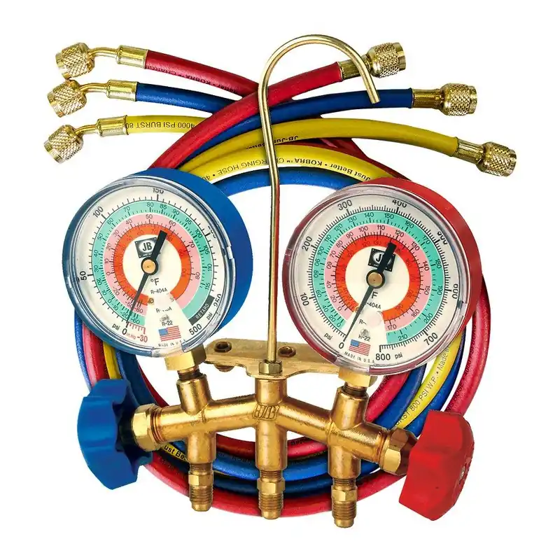 JB Industries M2-22231 Standard 2-Valve Classic Brass R22/R404A/R410A Refrigerant Manifold with 3-1/8 in. Gauges and CCLE 60 in. Hose Set