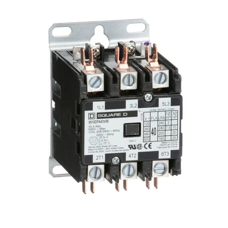SQUARE D 8910DPA43V09 Contactor, Definite Purpose, 600VAC, 40A, 3 Pole, Non Reversing, 208/240VAC