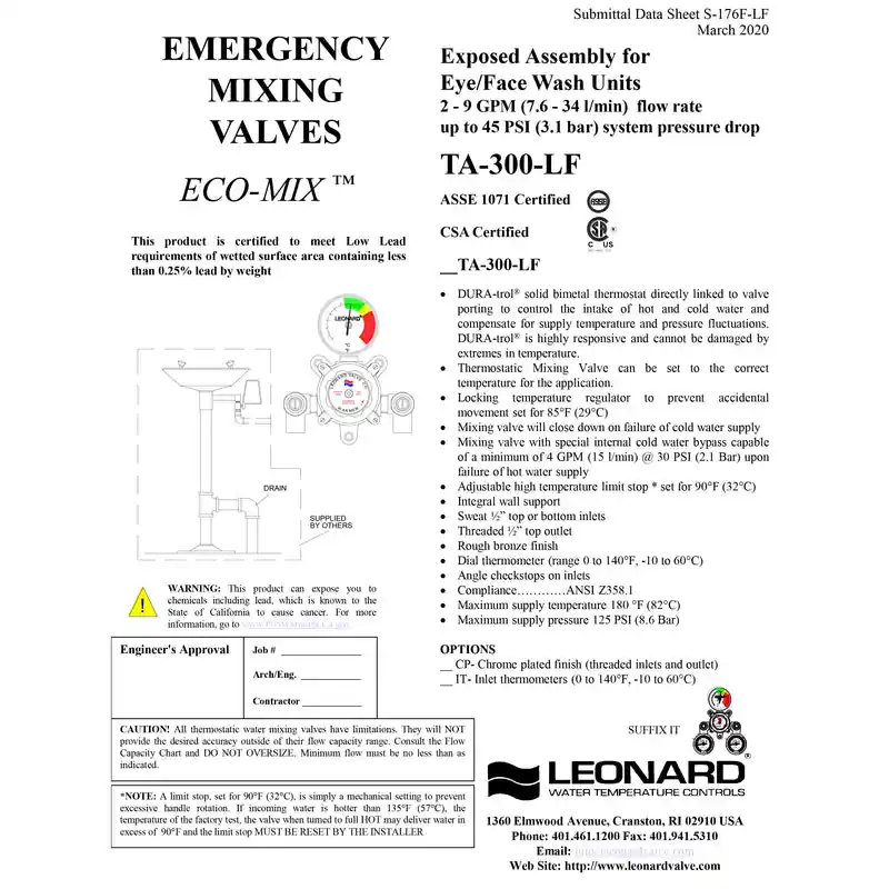 LEONARD VALVE TA-300-LF-CP Lf Single Eye/Face Wash