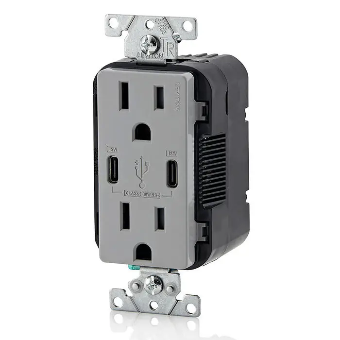 Leviton T5637-G USB Dual Type-C/C Wall Outlet Charger 30W 15A Tamper-Resistant Outlet