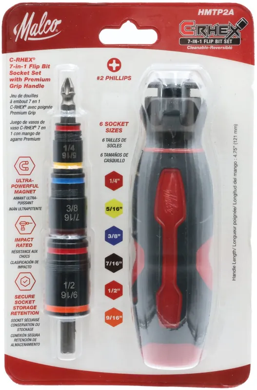 Malco HMTP2A C-RHEX 7-In-1 Flip Bit Socket Set With Premium Grip Handle